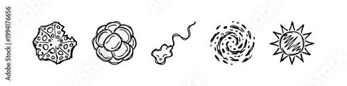 Hand Drawn Science and Astronomy Icons Set Microbe Cells Sperm Galaxy Sun