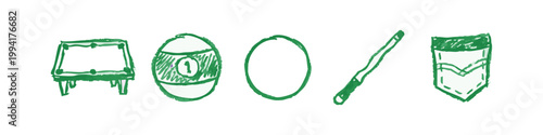 Billiard and Pool Themed Green Hand-Drawn Icon Collection