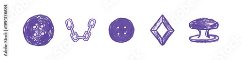 Hand-Drawn Purple Icons Set Featuring Buttons and Chain Links