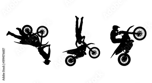 Motorcycle stunt riders performing tricks aerial.