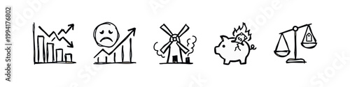 Rough Hand Drawn Business and Financial Crisis Icons in Sketch Style