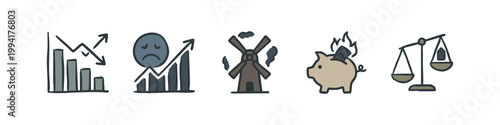 Muted Color Hand Drawn Icons for Economic Crisis and Financial Loss