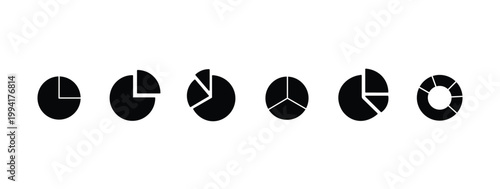 Minimalist pie chart icon set, black circular data visualization symbols, flat vector infographic elements for business reports and dashboard UI