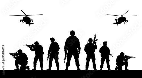 Soldiers with guns and helicopters overhead.