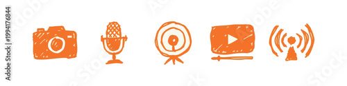 Orange Hand Drawn Media and Content Creation Icons Sketch Set