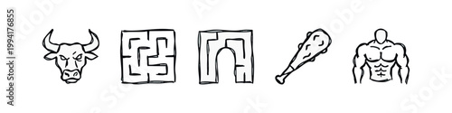 Rough Hand Drawn Icons of Bull Maze Archway and Strength Concept