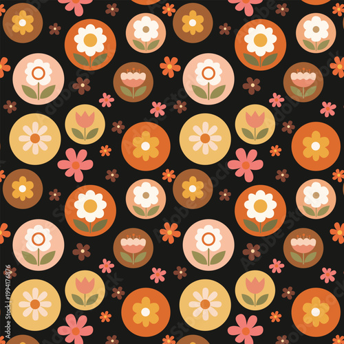 Retro Circle Bloom Floral Seamless Pattern, Mid Century Modern Flower Round Tile Background