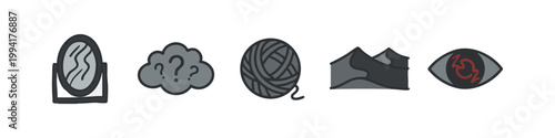 Hand Drawn Concept Icons Set with Gray Color Including Mirror Doubt Cloud Yarn Ball Dunes and Eye
