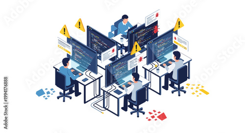 Isometric view of a busy office with multiple employees working on computers.