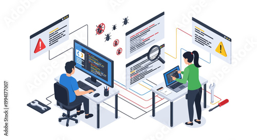 Software developers debugging code and fixing errors on computers.