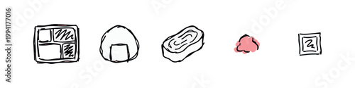 Traditional Japanese Food and Bento Box Hand Drawn Doodle Icons