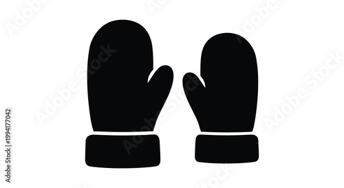 A pair of black winter mittens are displayed against a white background forming a stark defined silhouette high quality