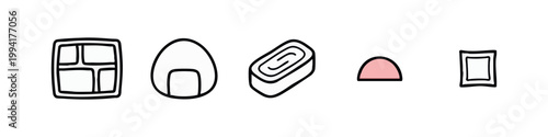 Japanese Cuisine and Sushi Bento Box Lunch Outline Icon Set