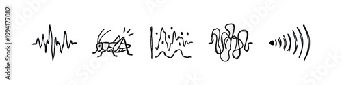 Scribble Sound Wave and Cricket Bug Icons Set Representing Audio Frequency and Nature Sounds