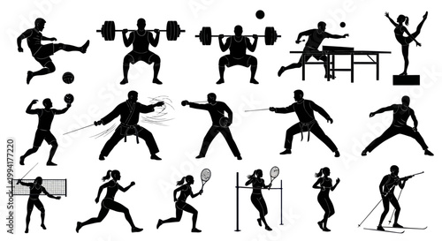 Collection of sports people silhouettes active.