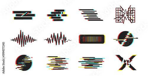 Abstract digital glitch elements on black background