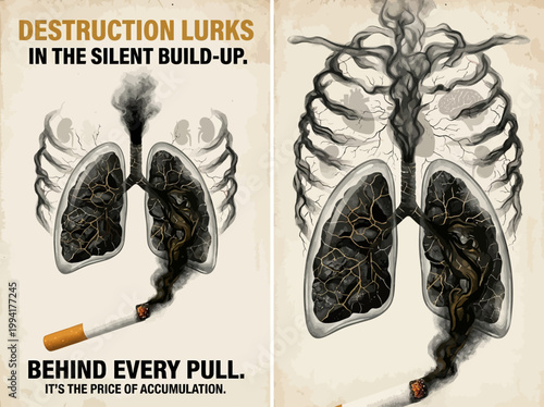 Vector illustration of lungs filled with smoke from a cigarette, emphasizing the danger of smoking and accumulation of toxins