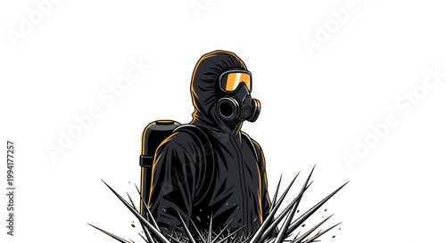 person in a hazmat suit with a gas mask stands amidst sharp spikes confronting biohazard danger and environmental contamination.