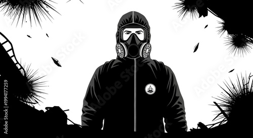 person in protective hazmat suit and gas mask faces toxic environmental disaster symbolizing crisis pandemic and survival.