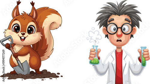 Cute squirrel digging with shovel and funny scientist holding chemical flasks, cartoon characters set, science and nature concept flat vector illustration