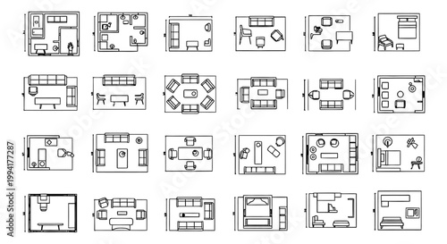 top view architectural furniture symbols set and cad plan vector icons for modern interior design and residential floor plans