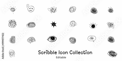 Scribble and Brain Icon Collection – Minimalist Mental Health Sketches and Abstract Thought Line Art Set