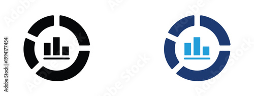 Minimalist data visualization icons, circular donut chart with bar graph center, professional business analytics vector set in black and blue