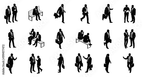 isometric black silhouette business people set standing walking and sitting