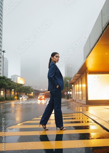 A stylish woman confidently crosses a wet urban street in a chic blue suit.
