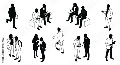 isometric black silhouette people vector set featuring diverse corporate characters in various business situations