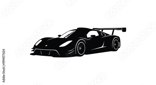 A sleek black sports car with a prominent rear spoiler is dramatically presented as a striking silhouette high quality