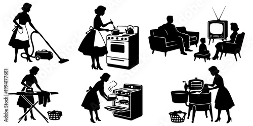 Set of mid-century modern domestic life silhouettes. Vintage 1950s style illustrations of housewife cooking, cleaning, ironing, and family watching TV isolated