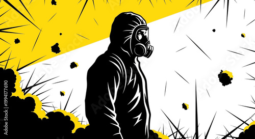 person in a protective suit and gas mask stands in a contaminated dangerous environment a graphic illustration of environmental disaster and crisis.