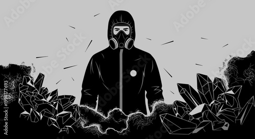 hazmat suit individual in protective gear with gas mask analyzing hazardous crystals symbolizing scientific research and environmental danger