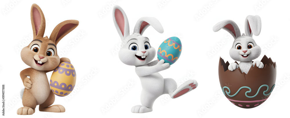 Obraz premium Three cute cartoon rabbits wearing different colored shirts and holding bunny white rabbit brown rabbit
