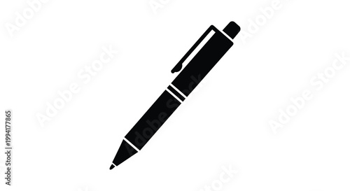 A minimalist depiction of a black ballpoint pen against a white background presented as a striking silhouette high quality
