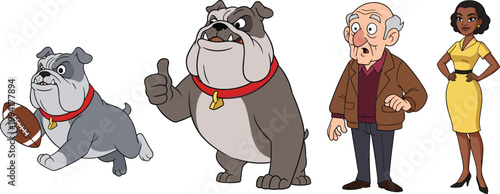 Cartoon Character Set with Bulldog Playing Football, Strong Dog Mascot, Elderly Man, and Business Woman Illustration for People and Animal Design Concepts
