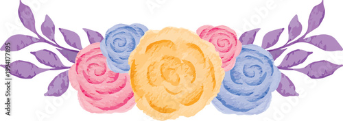 Floral Border Illustration Featuring Softly Colored Roses and Delicate Purple Leaves