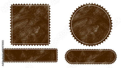 Set of four brown postal stamps featuring decorative perforated edges and textured grunge overlays designed as a clean vector graphic for your creative branding project needs