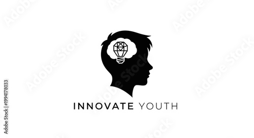Minimalist silhouette of a young person head with light bulb brain representing innovation and youth creativity.