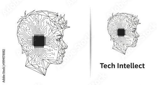 Conceptual illustration of a human head with electronic circuit brain and microchip processor.