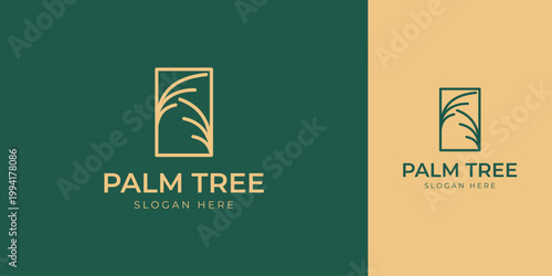 Elegant Minimalist Palm Tree Monoline Logo Inside Rectangle Shape