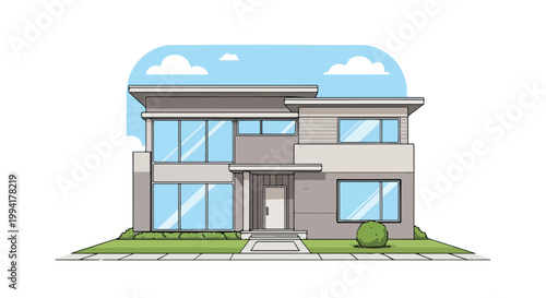 Modern Two Story Residential House Vector Illustration with Flat Roof and Large Glass Windows on White Background