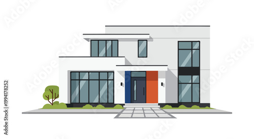 Modern Minimalist House Vector Illustration, Luxury Contemporary Villa with Large Windows and Flat Roof Design Isolated on White Background
