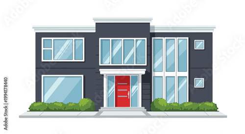 Modern Two Story House Illustration with Dark Grey Exterior Large Windows and Red Front Door Vector Real Estate Concept