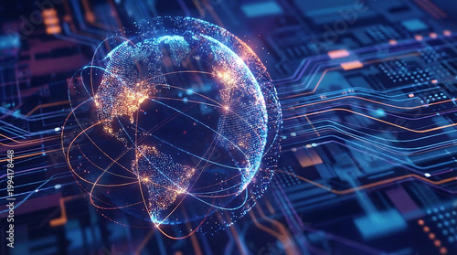 Global network concept with glowing particles on circuit board background Generative AI.