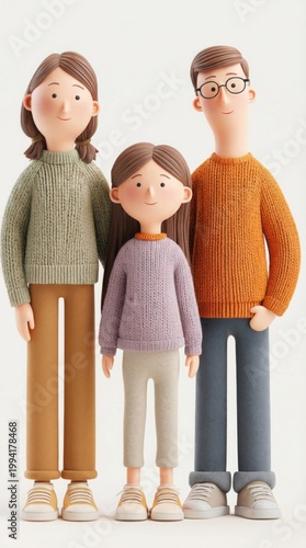 3D cartoon family portrait, man, woman and girl in colorful knitted sweaters, standing together, happy, white background, modern, smiling.