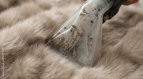 Hand vacuum cleaning dirty beige fur coat, closeup on nozzle, fabric texture, visible dirt, home, maintenance, textile hygiene.