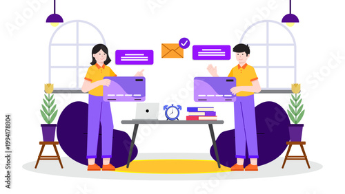 Two professional individuals exchanging business cards in a modern office setting to build corporate networks