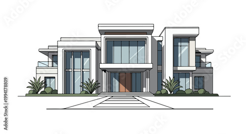 Modern Luxury Villa Architecture Illustration with Glass Windows and Minimalist Design